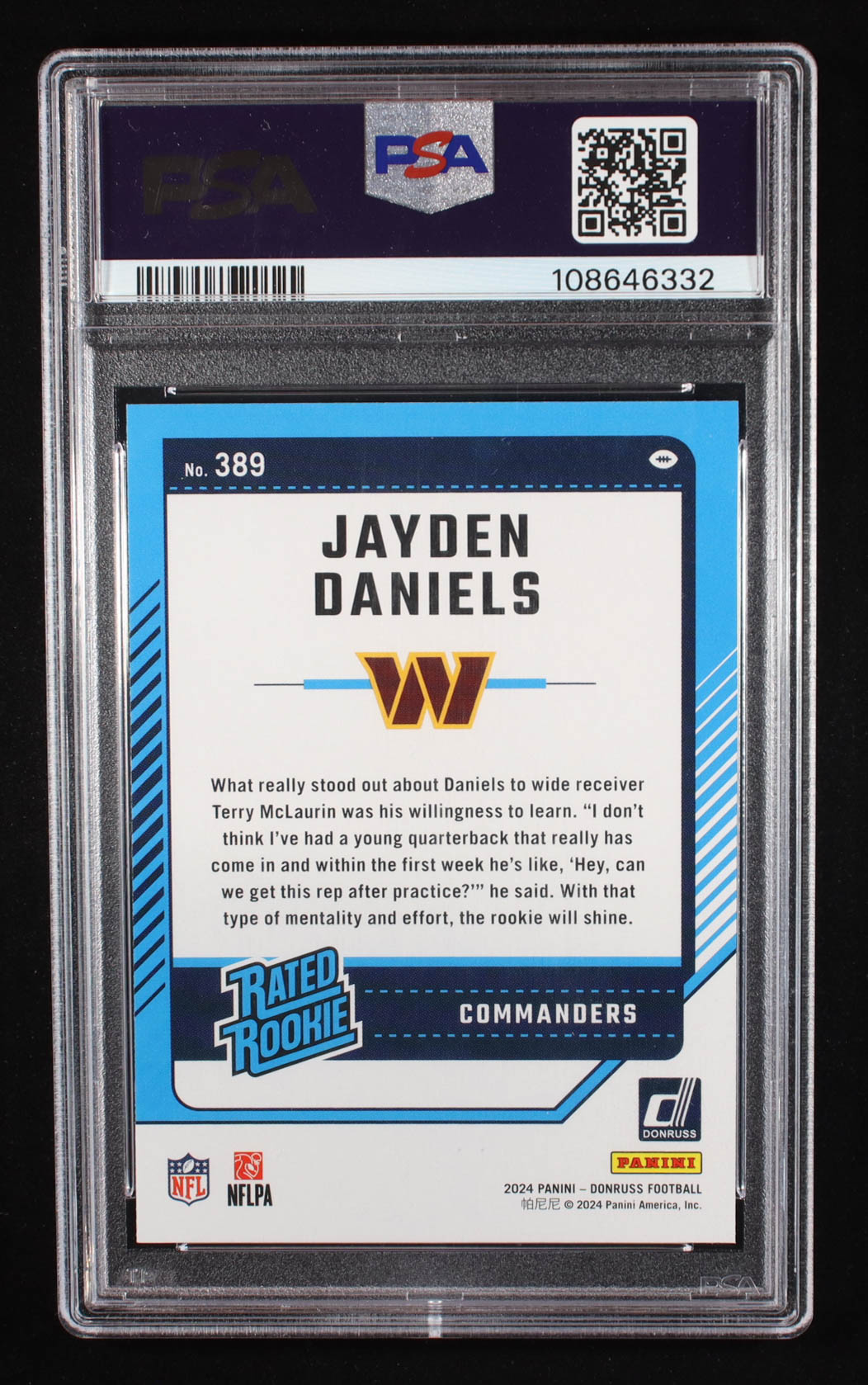 Jayden Daniels 2024 Donruss #389 RR RC (PSA 10) at PristineAuction.com Jayden Daniels 2024 Donruss #389 RR RC (PSA 10) at PristineAuction.com