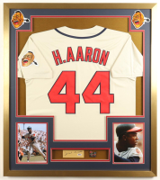 Hank Aaron Signed Custom Framed Cut Display with Jersey & 1957 Braves World Series Pin (PSA) at PristineAuction.com