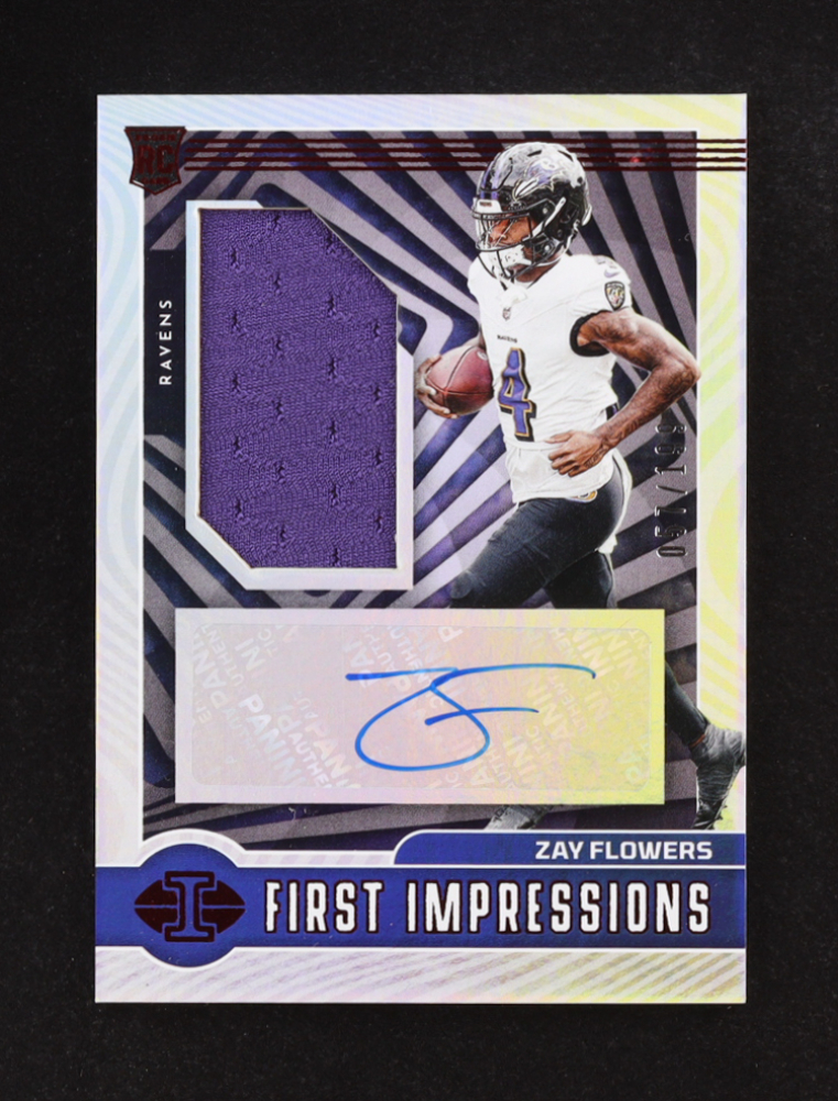 Zay Flowers 2023 Panini Illusions First Impressions Autographed Memorabilia Red #141 RC #057/199