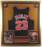 Michael Jordan Custom Framed Jersey Display with Set of (2) 1996 NBA Finals Pins & (2) Vintage Jordan Cloth Patches at PristineAuction.com