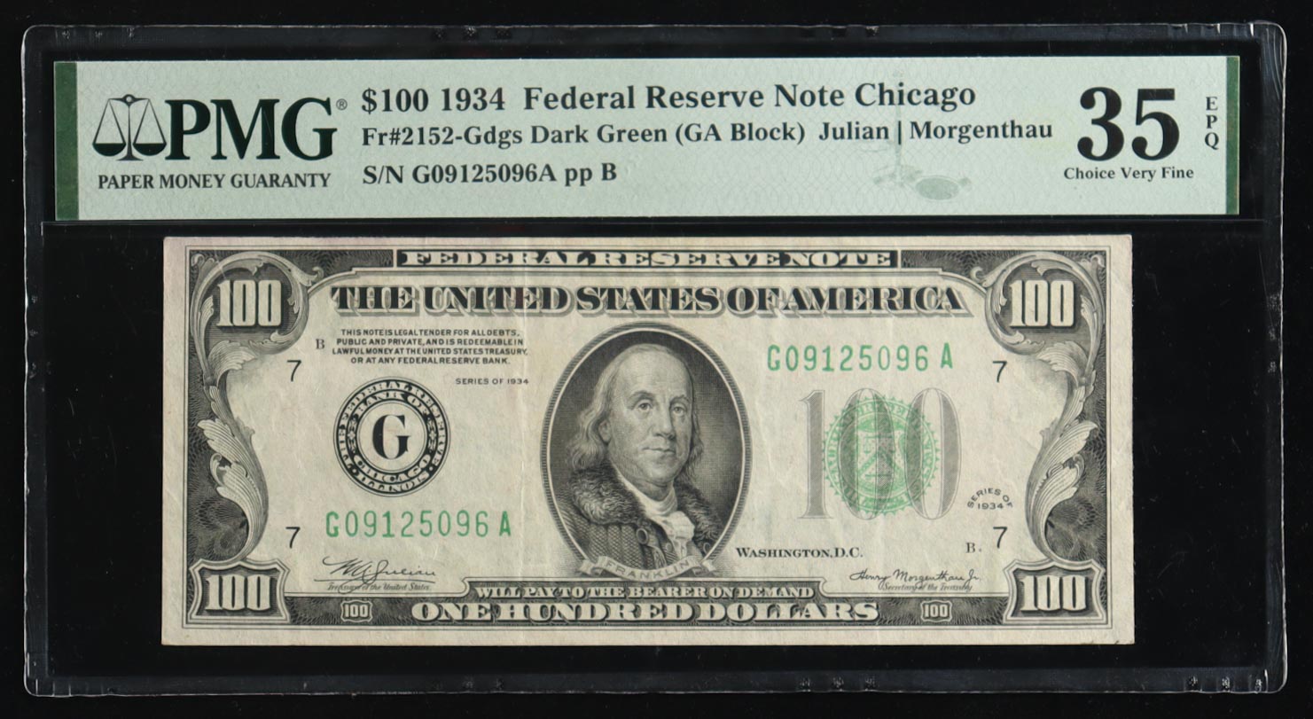 1934 U.S. $100 Federal Reserve Note, Chicago - Fr. 2152 (GA Block) Signed: Julian / Morgenthau (PMG Choice Very Fine 35 EPQ) at PristineAuction.com 1934 U.S. $100 Federal Reserve Note, Chicago - Fr. 2152 (GA Block) Signed: Julian / Morgenthau (PMG Choice Very Fine 35 EPQ) at PristineAuction.com
