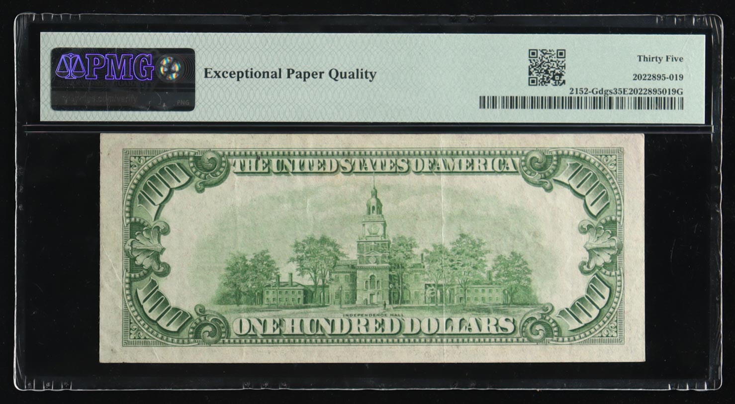 1934 U.S. $100 Federal Reserve Note, Chicago - Fr. 2152 (GA Block) Signed: Julian / Morgenthau (PMG Choice Very Fine 35 EPQ) at PristineAuction.com 1934 U.S. $100 Federal Reserve Note, Chicago - Fr. 2152 (GA Block) Signed: Julian / Morgenthau (PMG Choice Very Fine 35 EPQ) at PristineAuction.com