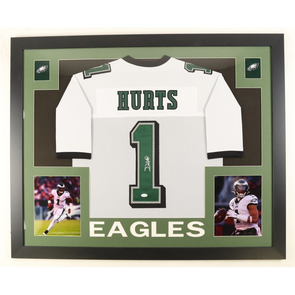 Jalen Hurts Signed Custom Framed Jersey Display (JSA) at PristineAuction.com