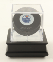 Jari Kurri Signed Oilers Logo Hockey Puck Inscribed "HOF 2001" With A Display Case (JSA) at PristineAuction.com
