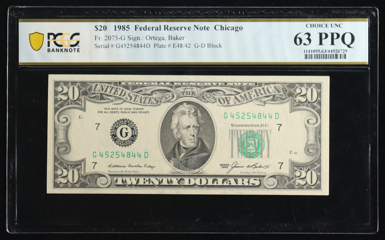 1985 U.S. $20 Federal Reserve Note, Chicago - Fr. 2075-G (GD Block) Signed: Ortega / Baker (PCGS Choice Unc 63 PPQ) at PristineAuction.com 1985 U.S. $20 Federal Reserve Note, Chicago - Fr. 2075-G (GD Block) Signed: Ortega / Baker (PCGS Choice Unc 63 PPQ) at PristineAuction.com