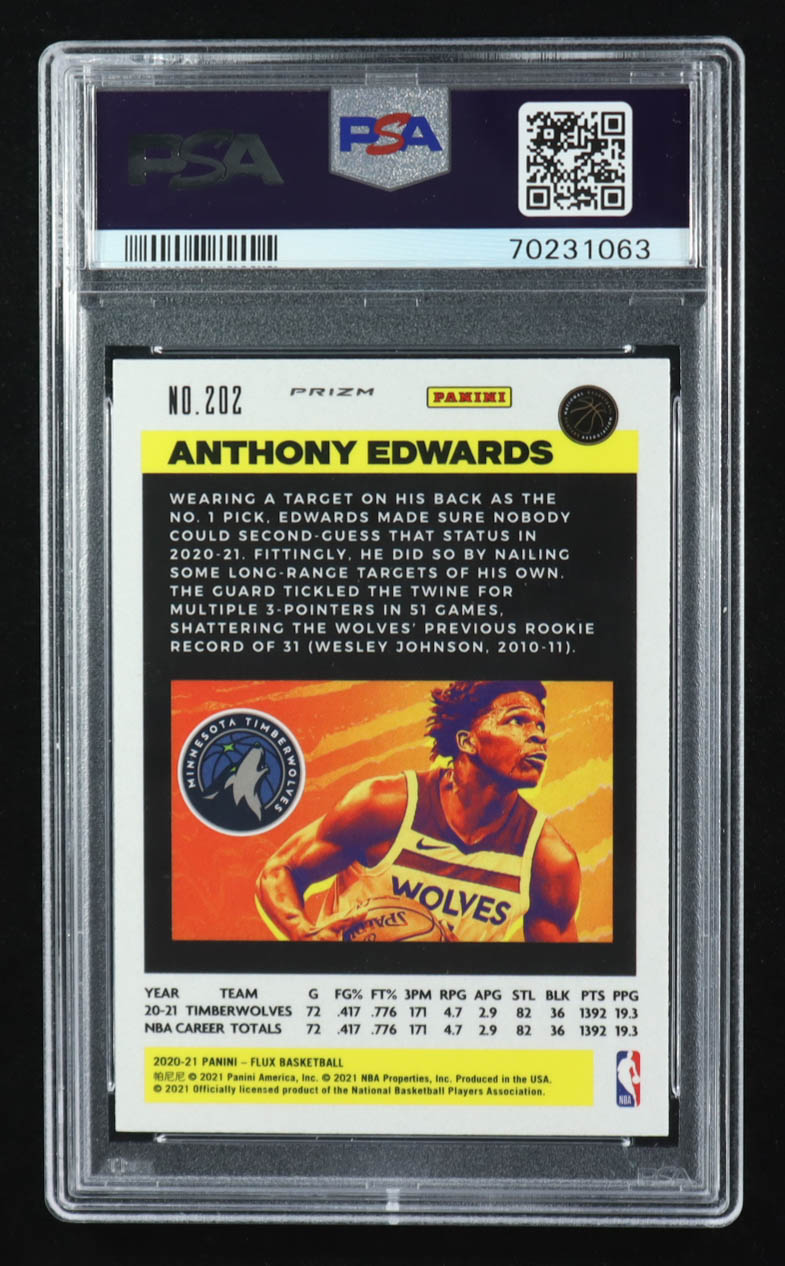 Anthony Edwards 2020-21 Panini Flux Fanatics Factory Cracked Ice #202 RC (PSA 10) at PristineAuction.com Anthony Edwards 2020-21 Panini Flux Fanatics Factory Cracked Ice #202 RC (PSA 10) at PristineAuction.com
