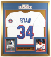 Nolan Ryan Signed Custom Framed Jersey With Official #34 Rangers Retirement Pin & (1) Rangers Logo Patch Inscribed "The Ryan Express" (PSA) at PristineAuction.com