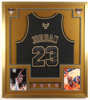 Michael Jordan Custom Framed Jersey Display with (4) LE Championship Pins & (2) NBA Finals Logo Patches at PristineAuction.com