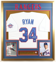 Nolan Ryan Signed Custom Framed Jersey With Official #34 Rangers Retirement Pin & (1) Rangers Logo Patch Inscribed "11 Time K King" (PSA) at PristineAuction.com