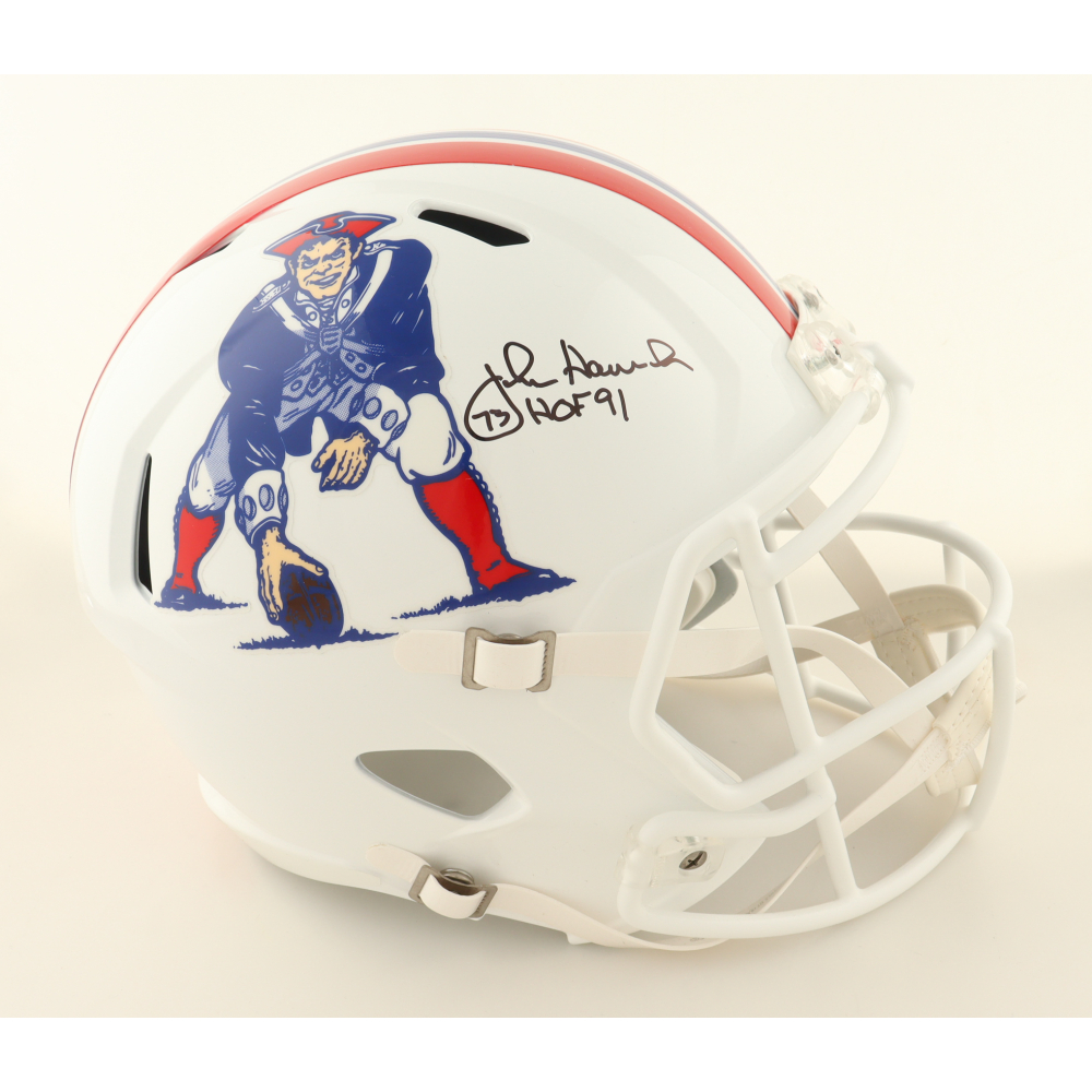 John Hannah Signed Patriots Full-Size Throwback Alternate Speed Helmet Inscribed "HOF 91" (Schwartz) at PristineAuction.com