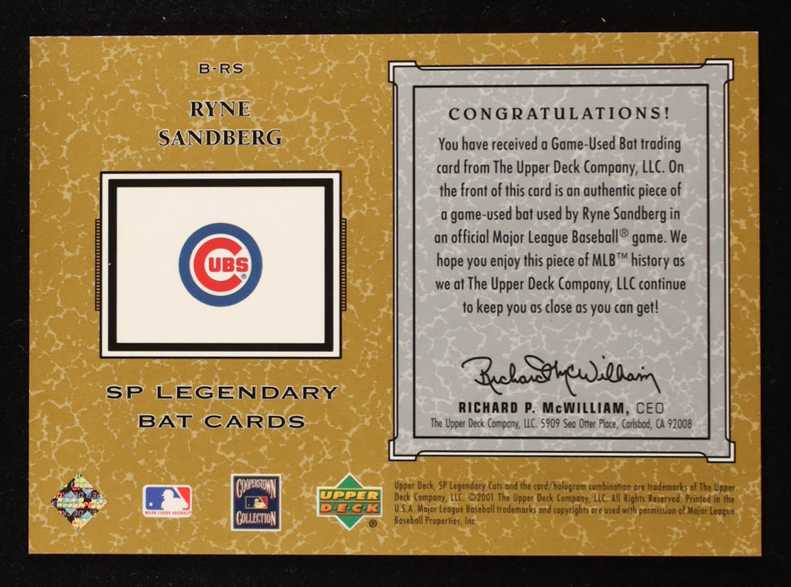 Ryne Sandberg 2001 SP Legendary Cuts Game Bat #BRS at PristineAuction.com Ryne Sandberg 2001 SP Legendary Cuts Game Bat #BRS at PristineAuction.com