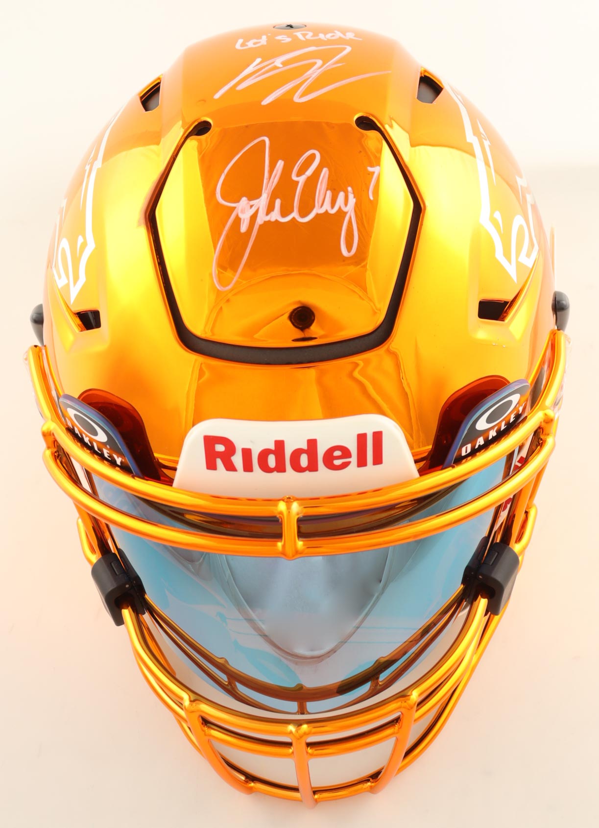 John Elway & Bo Nix Signed Broncos Full-Size Authentic On-Field Chrome Alternate SpeedFlex Helmet with Custom Visor Inscribed "Let's Ride" (Beckett) at PristineAuction.com John Elway & Bo Nix Signed Broncos Full-Size Authentic On-Field Chrome Alternate SpeedFlex Helmet with Custom Visor Inscribed "Let's Ride" (Beckett) at PristineAuction.com