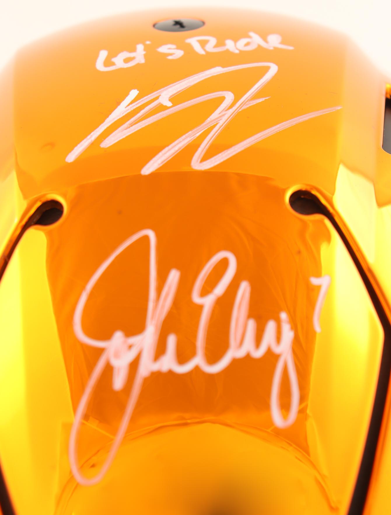 John Elway & Bo Nix Signed Broncos Full-Size Authentic On-Field Chrome Alternate SpeedFlex Helmet with Custom Visor Inscribed "Let's Ride" (Beckett) at PristineAuction.com John Elway & Bo Nix Signed Broncos Full-Size Authentic On-Field Chrome Alternate SpeedFlex Helmet with Custom Visor Inscribed "Let's Ride" (Beckett) at PristineAuction.com