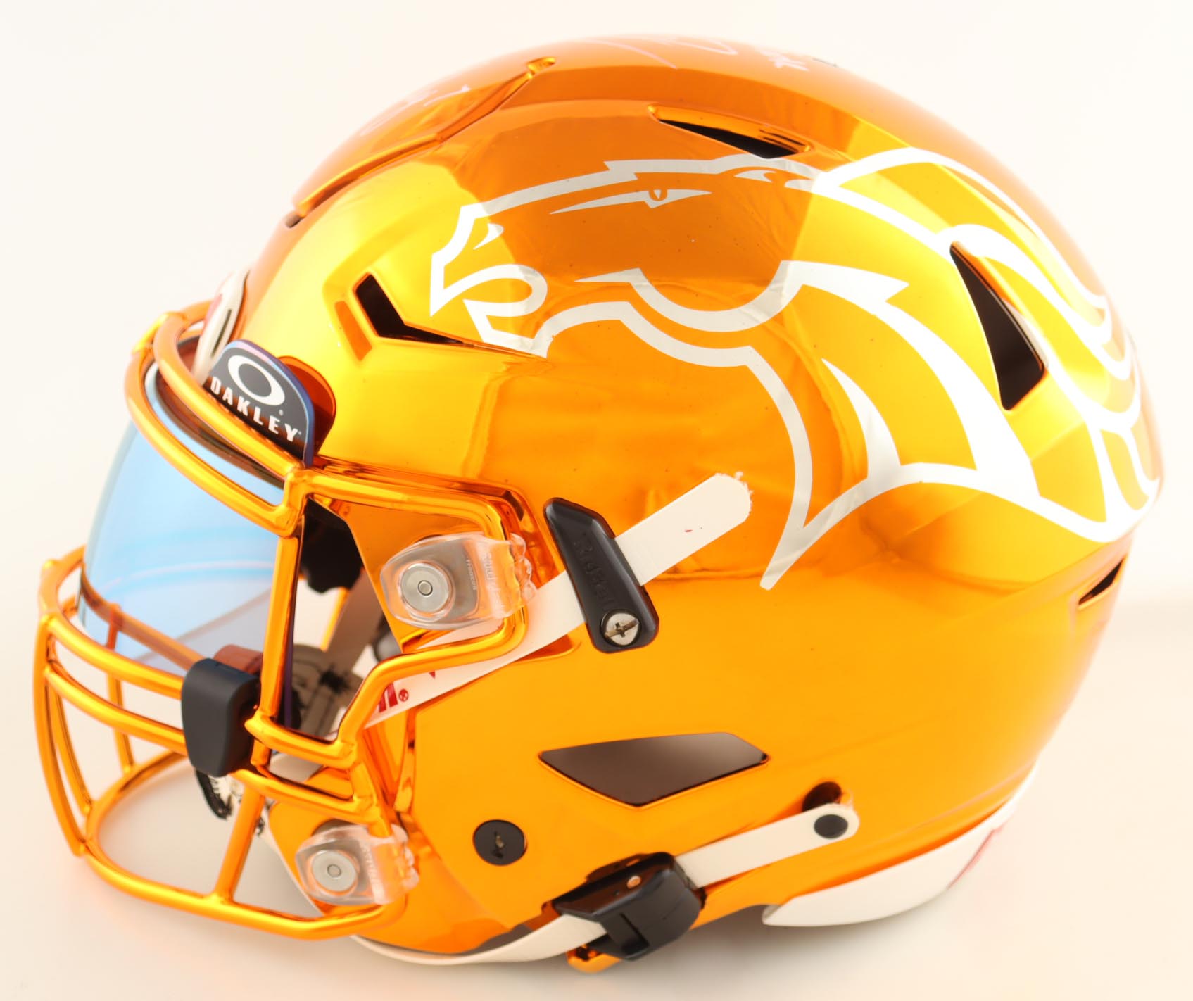 John Elway & Bo Nix Signed Broncos Full-Size Authentic On-Field Chrome Alternate SpeedFlex Helmet with Custom Visor Inscribed "Let's Ride" (Beckett) at PristineAuction.com John Elway & Bo Nix Signed Broncos Full-Size Authentic On-Field Chrome Alternate SpeedFlex Helmet with Custom Visor Inscribed "Let's Ride" (Beckett) at PristineAuction.com