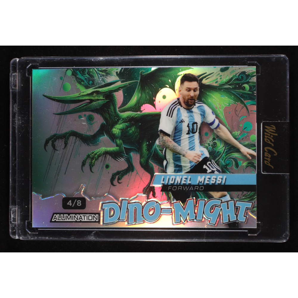 Lionel Messi 2024 Wild Card Alumination Dino-Might Pterodactyl Green Rainbow Foil #DMPTE1-LM1 #4/8 at PristineAuction.com