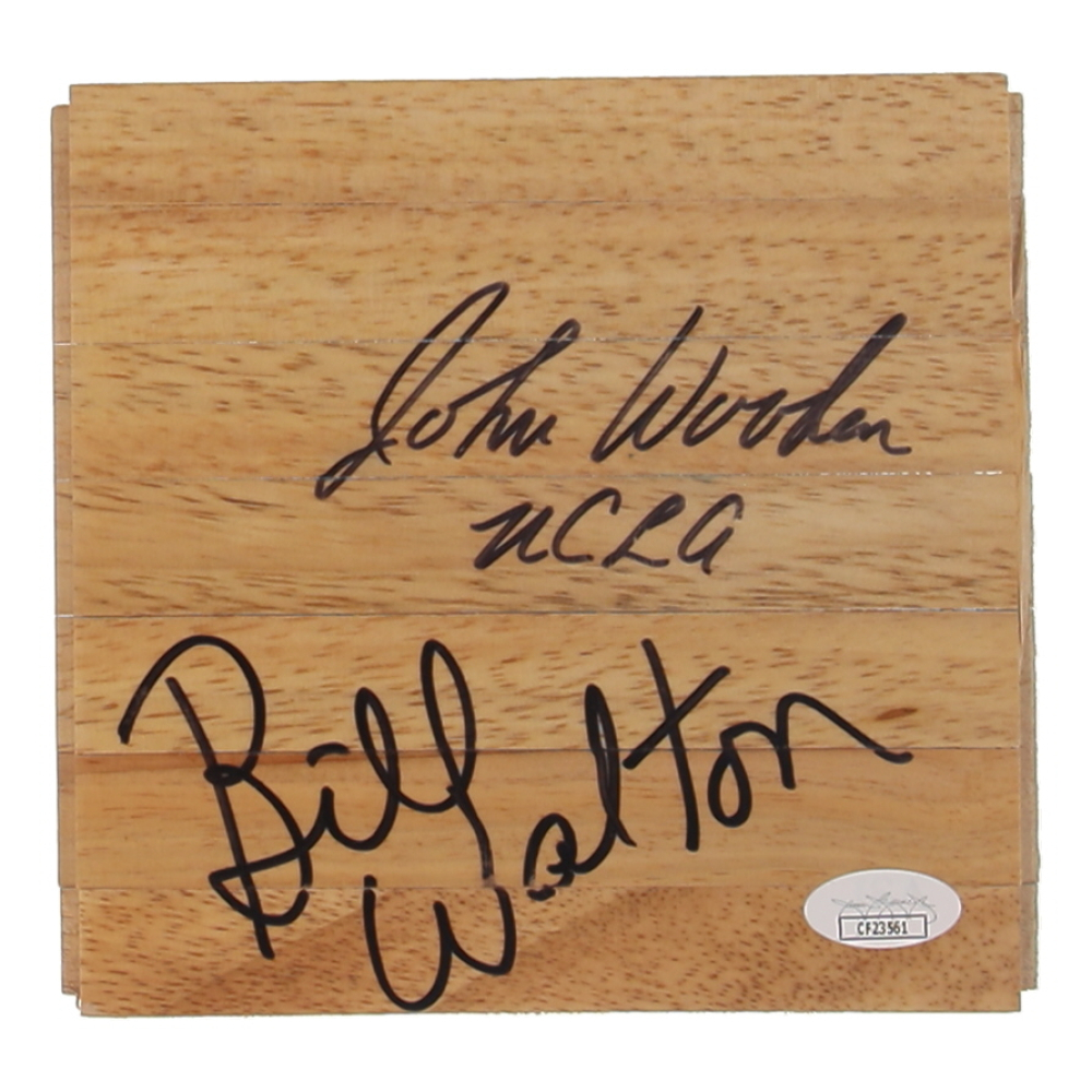 John Wooden & Bill Walton Twice-Signed 6x6.25 Wood Floor Piece Inscribed "UCLA" (JSA) at PristineAuction.com
