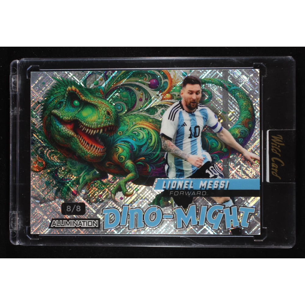 Lionel Messi 2024 Wild Card Alumination Dino-Might Tyrannosaurus Rex Green Crosshatch Foil #DMTRX1-LM1 #8/8 at PristineAuction.com