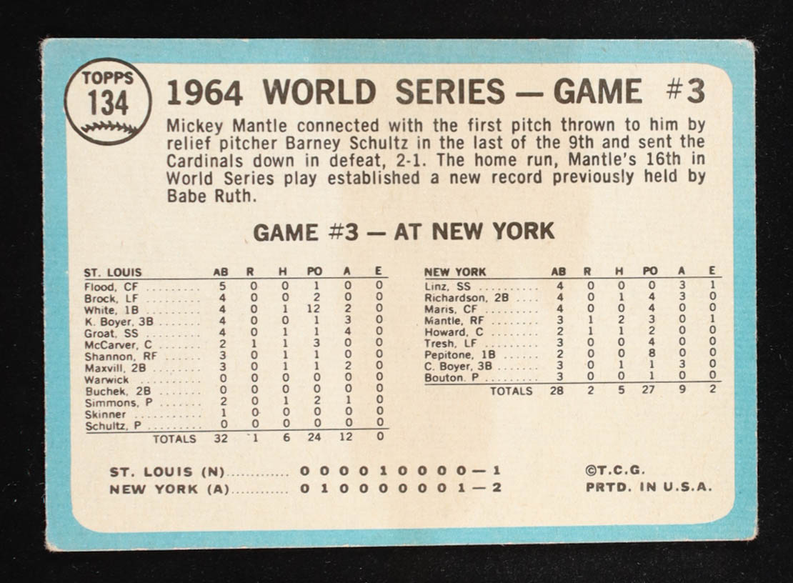 Mickey Mantle 1965 Topps World Series Game 3 #134 at PristineAuction.com Mickey Mantle 1965 Topps World Series Game 3 #134 at PristineAuction.com
