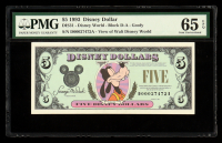 1993 Disney World $5 Disney Dollar Note Goofy / View of Walt Disney World (PMG Gem Uncirculated 65 EPQ) at PristineAuction.com