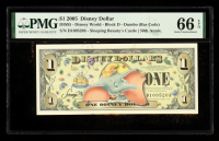 2005 Disney World $1 Disney Dollar Note Dumbo (Bar Code) / Sleeping Beauty's Castle / 50th Anniversary (PMG Gem Uncirculated 66 EPQ) at PristineAuction.com
