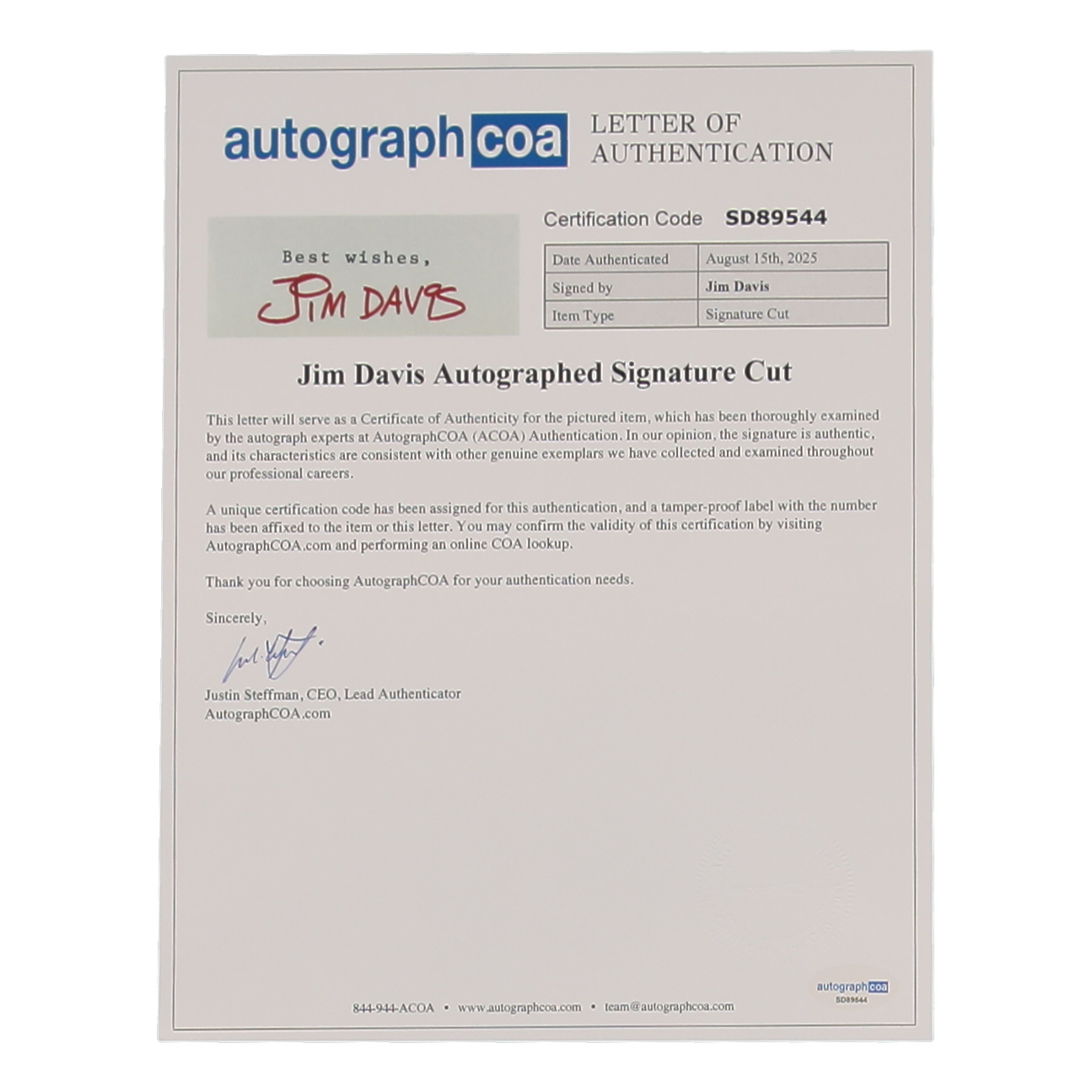 Jim Davis Signed "Garfield" Custom Matted Cut Display (ACOA) at PristineAuction.com Jim Davis Signed "Garfield" Custom Matted Cut Display (ACOA) at PristineAuction.com
