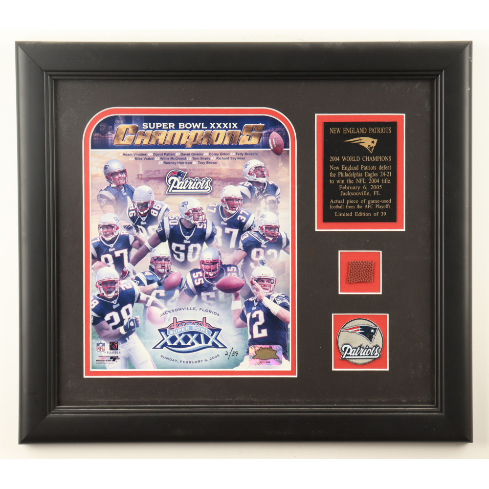 New England Patriots LE 2004 Champions Custom Framed Photo Display with Game-Used Football Piece & Patriots Emblem at PristineAuction.com