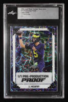 JJ McCarthy 2024 Leaf Metal Football Base Pre-Production Proof Laser Earth RC #1/1 (Leaf) at PristineAuction.com