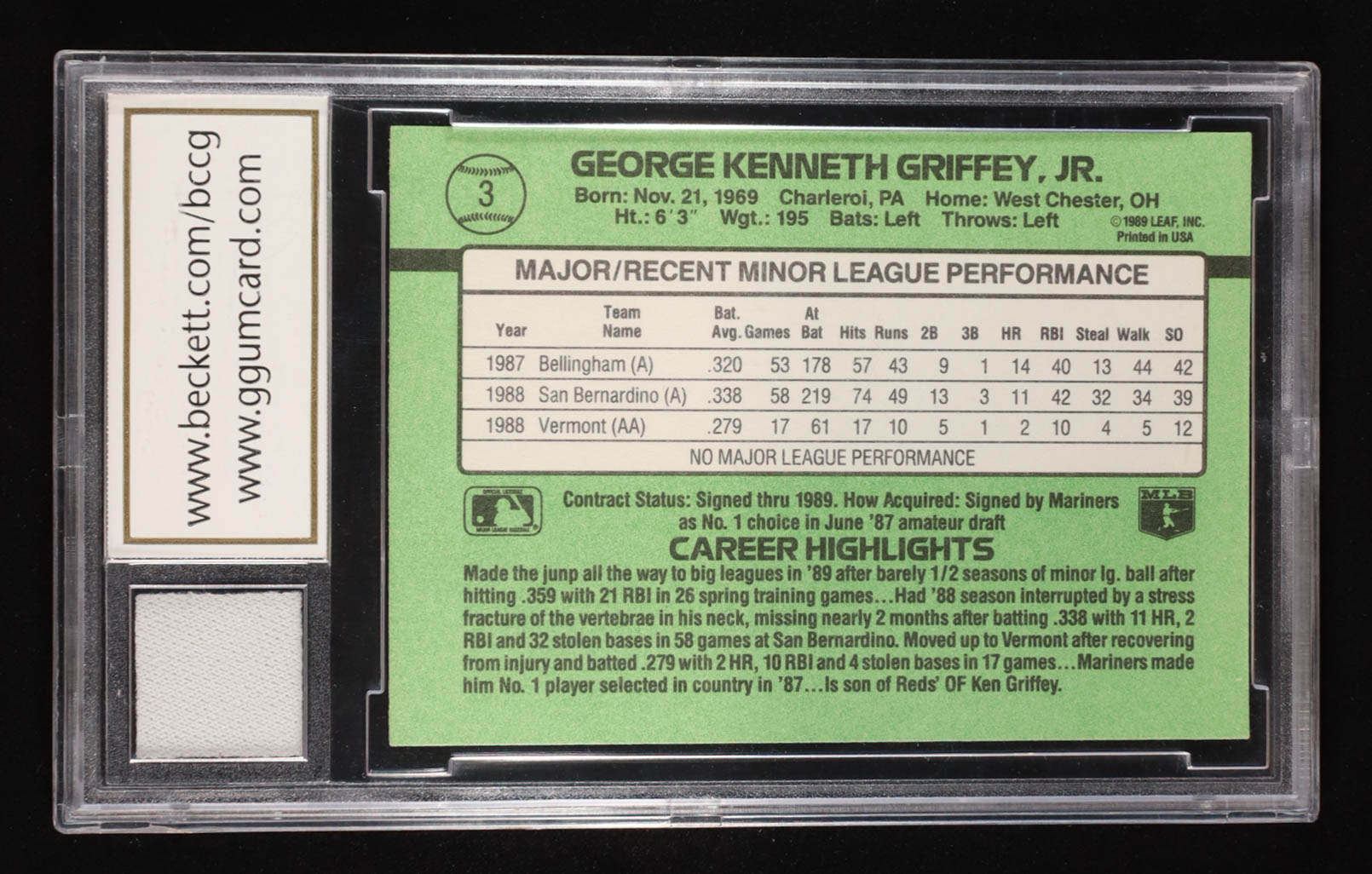 Ken Griffey Jr. 1989 Donruss Rookies #3 RC With '89 Game-Used Jersey Swatch (BCCG 10) at PristineAuction.com Ken Griffey Jr. 1989 Donruss Rookies #3 RC With '89 Game-Used Jersey Swatch (BCCG 10) at PristineAuction.com