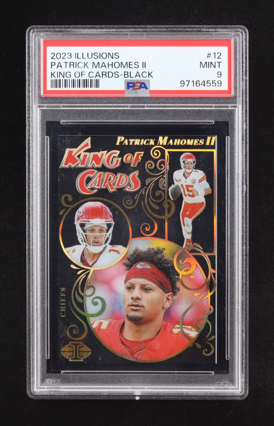 Patrick Mahomes II 2023 Panini Illusions King of Cards Black #12 #41/50 (PSA 9) at PristineAuction.com Patrick Mahomes II 2023 Panini Illusions King of Cards Black #12 #41/50 (PSA 9) at PristineAuction.com