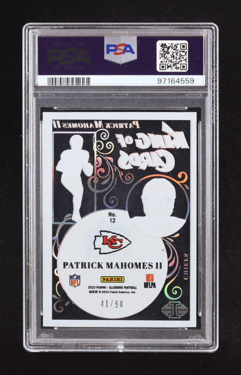 Patrick Mahomes II 2023 Panini Illusions King of Cards Black #12 #41/50 (PSA 9) at PristineAuction.com Patrick Mahomes II 2023 Panini Illusions King of Cards Black #12 #41/50 (PSA 9) at PristineAuction.com