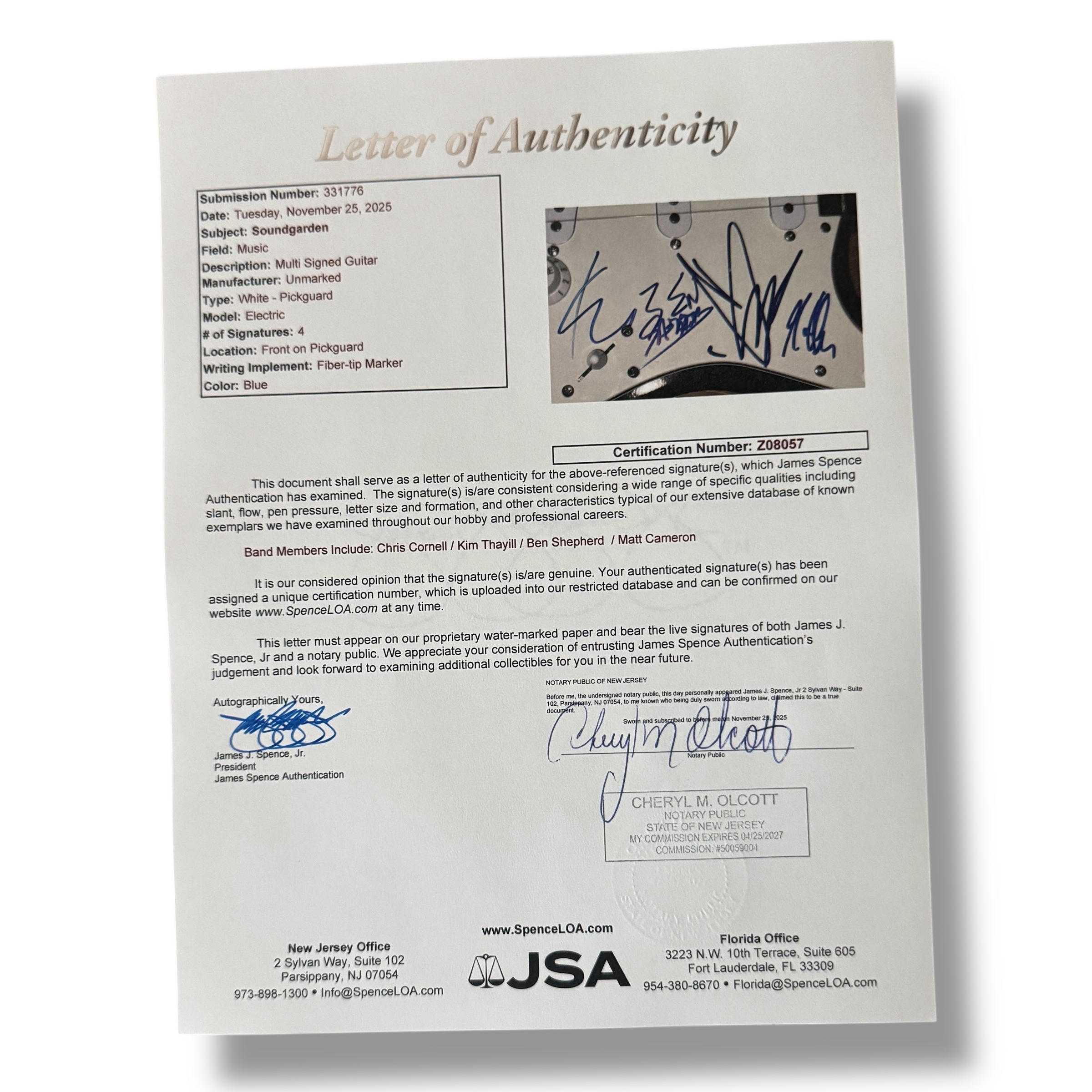 "Soundgarden" Custom Stratocaster Style Guitar Band-Signed By (4) with Chris Cornell, Kim Thayil, Ben Sheppard & Matt Cameron (JSA) at PristineAuction.com "Soundgarden" Custom Stratocaster Style Guitar Band-Signed By (4) with Chris Cornell, Kim Thayil, Ben Sheppard & Matt Cameron (JSA) at PristineAuction.com