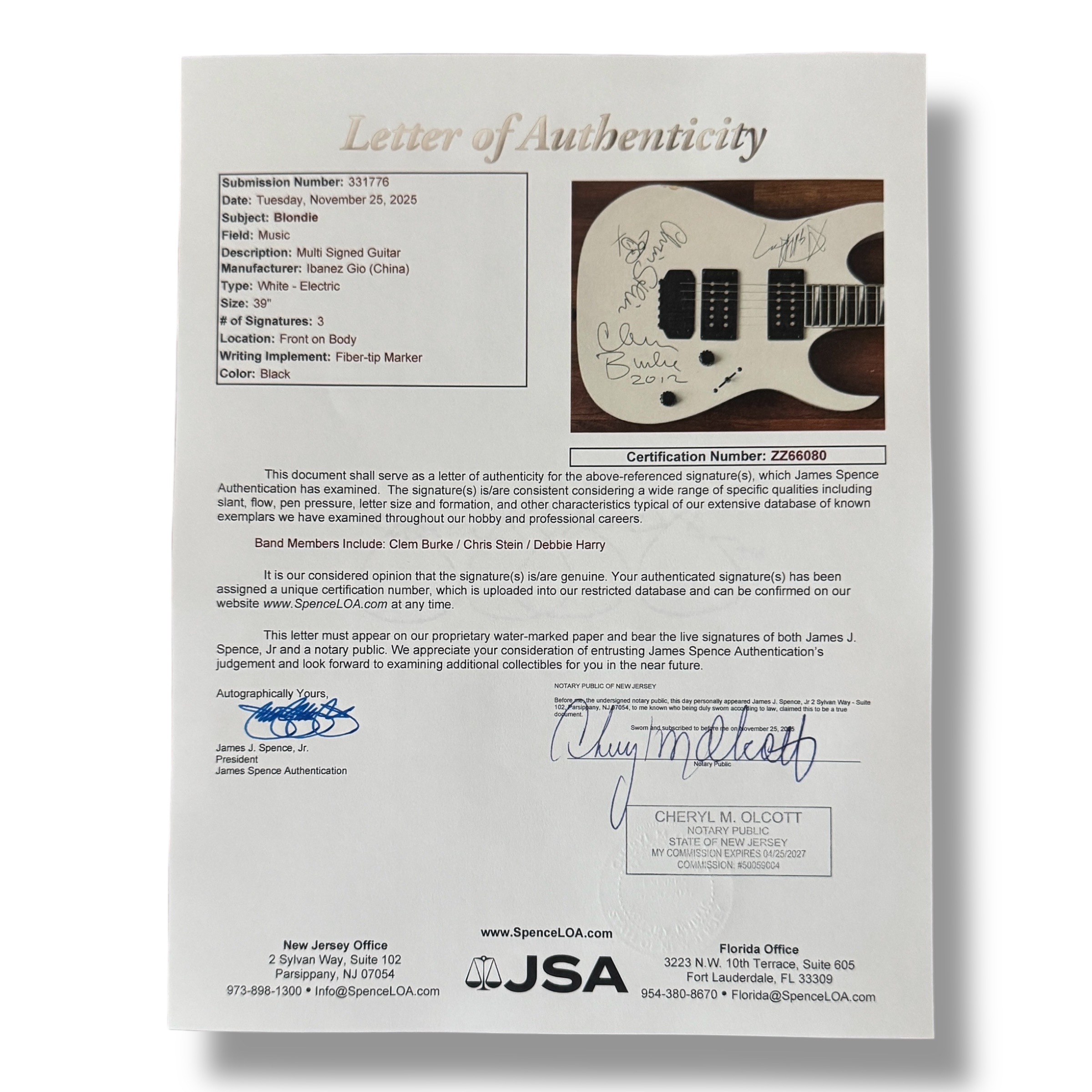 Debbie Harry, Chris Stein & Clem Burke Signed "Blondie" Ibanez Gio Electric Guitar (JSA) at PristineAuction.com Debbie Harry, Chris Stein & Clem Burke Signed "Blondie" Ibanez Gio Electric Guitar (JSA) at PristineAuction.com