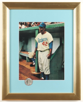 Jackie Robinson in the Ebbets Field Dugout Custom Framed Photo Display with Brooklyn Dodgers Logo Lapel Pin at PristineAuction.com