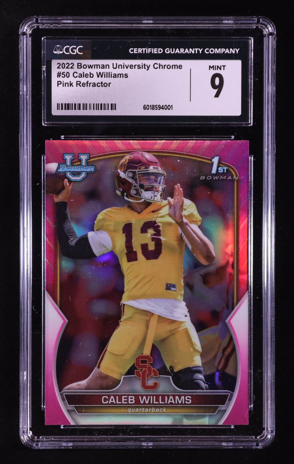 Caleb Williams 2022 Bowman University Chrome Prospects Pink Refractor #50 RC (CGC 9) at PristineAuction.com Caleb Williams 2022 Bowman University Chrome Prospects Pink Refractor #50 RC (CGC 9) at PristineAuction.com