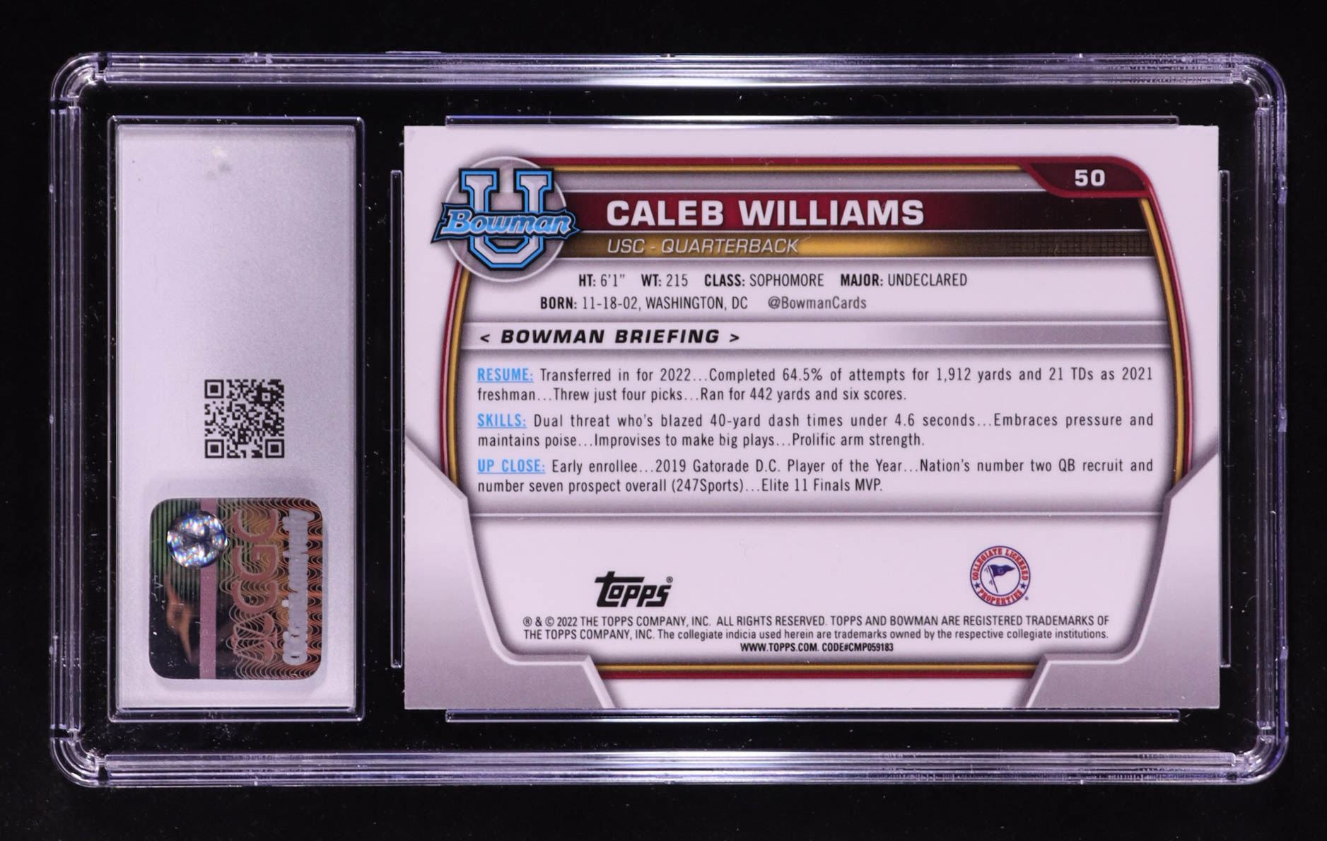 Caleb Williams 2022 Bowman University Chrome Prospects Pink Refractor #50 RC (CGC 9) at PristineAuction.com Caleb Williams 2022 Bowman University Chrome Prospects Pink Refractor #50 RC (CGC 9) at PristineAuction.com