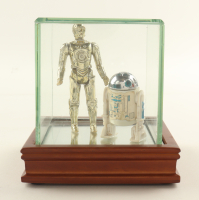 Vintage 1977 Star Wars R2-D2 & C3-PO Figure Set With Wood & Glass Display Case at PristineAuction.com