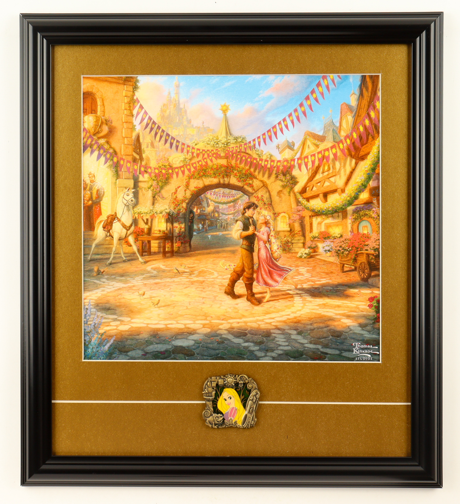 Thomas Kinkade "Tangled" Custom Framed Print Display with LE Imagineers Only Stained Glass Pin at PristineAuction.com Thomas Kinkade "Tangled" Custom Framed Print Display with LE Imagineers Only Stained Glass Pin at PristineAuction.com