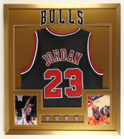 Michael Jordan Custom Framed Jersey Display with (4) LE Championship Pins & Bulls Logo Patch at PristineAuction.com