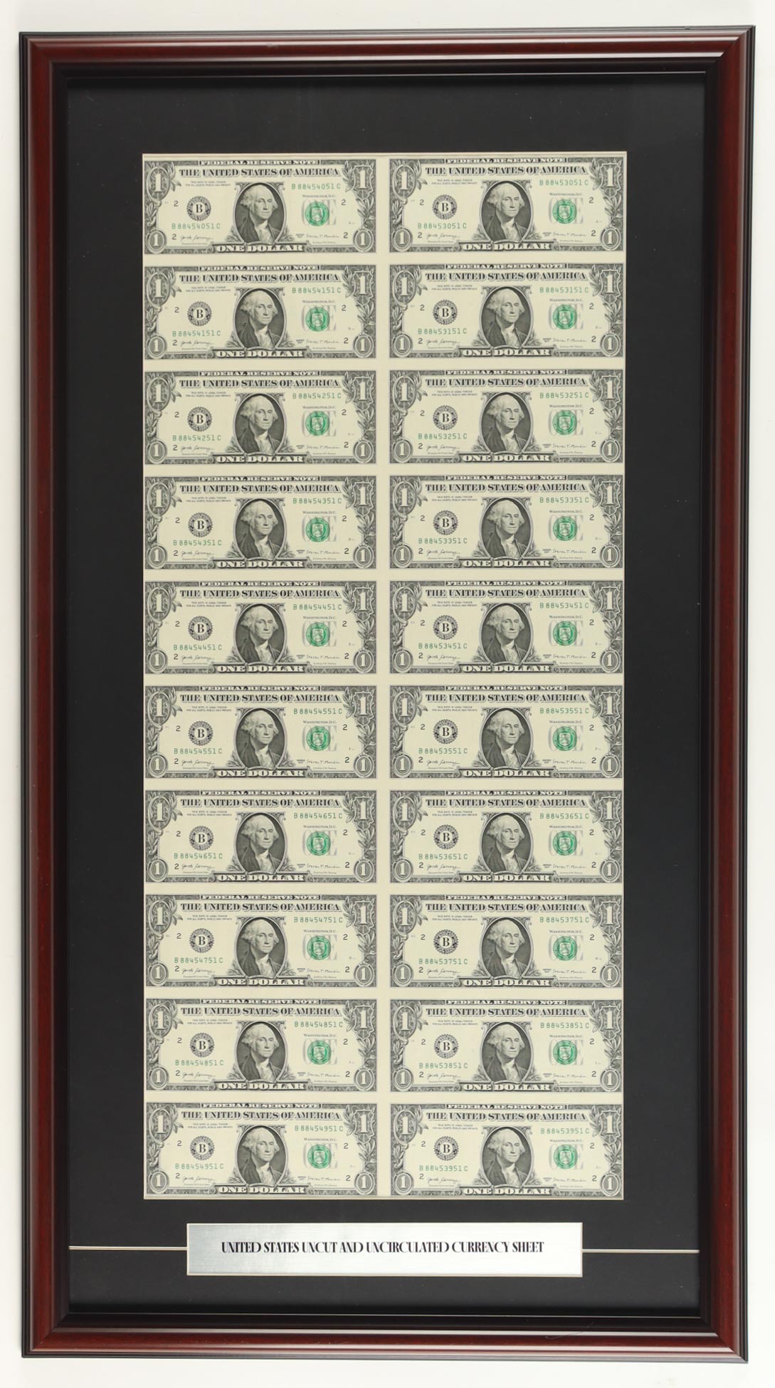 Uncut Uncirculated Sheet of (20) 2017 US One Dollar Bills Custom Framed Display with Title Plaque at PristineAuction.com Uncut Uncirculated Sheet of (20) 2017 US One Dollar Bills Custom Framed Display with Title Plaque at PristineAuction.com