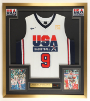 Michael Jordan Custom Framed Jersey Display with Stat Plaque & (2) Olympic Pins at PristineAuction.com
