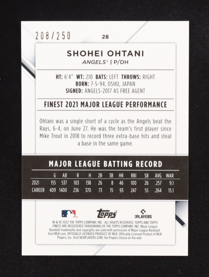 Shohei Ohtani 2022 Topps Finest Refractor Purple #28 #208/250 at PristineAuction.com Shohei Ohtani 2022 Topps Finest Refractor Purple #28 #208/250 at PristineAuction.com