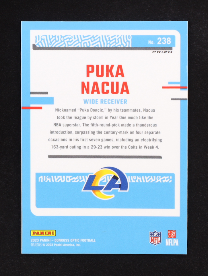 Puka Nacua 2023 Panini Donruss Optic Rated Rookie #238 Holo Prizm RC at PristineAuction.com Puka Nacua 2023 Panini Donruss Optic Rated Rookie #238 Holo Prizm RC at PristineAuction.com
