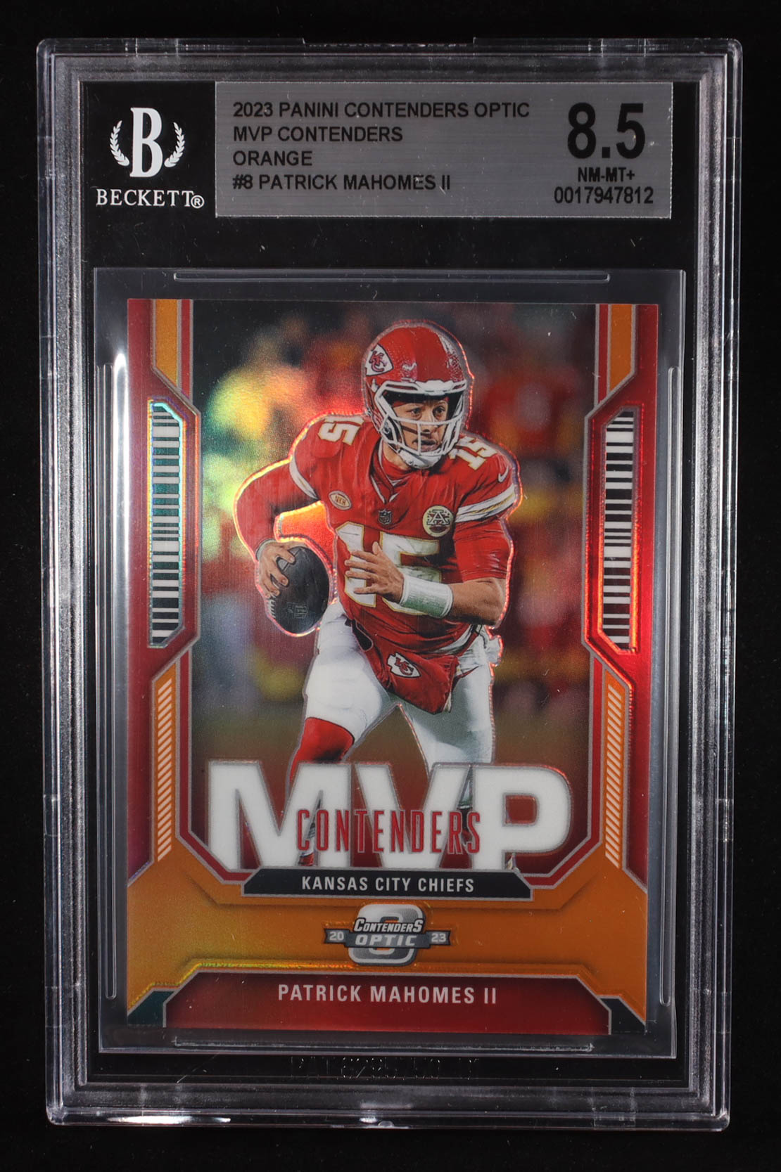 Patrick Mahomes II 2023 Panini Contenders Optic MVP Contenders Orange #8 #02/50 (Beckett 8.5) at PristineAuction.com Patrick Mahomes II 2023 Panini Contenders Optic MVP Contenders Orange #8 #02/50 (Beckett 8.5) at PristineAuction.com