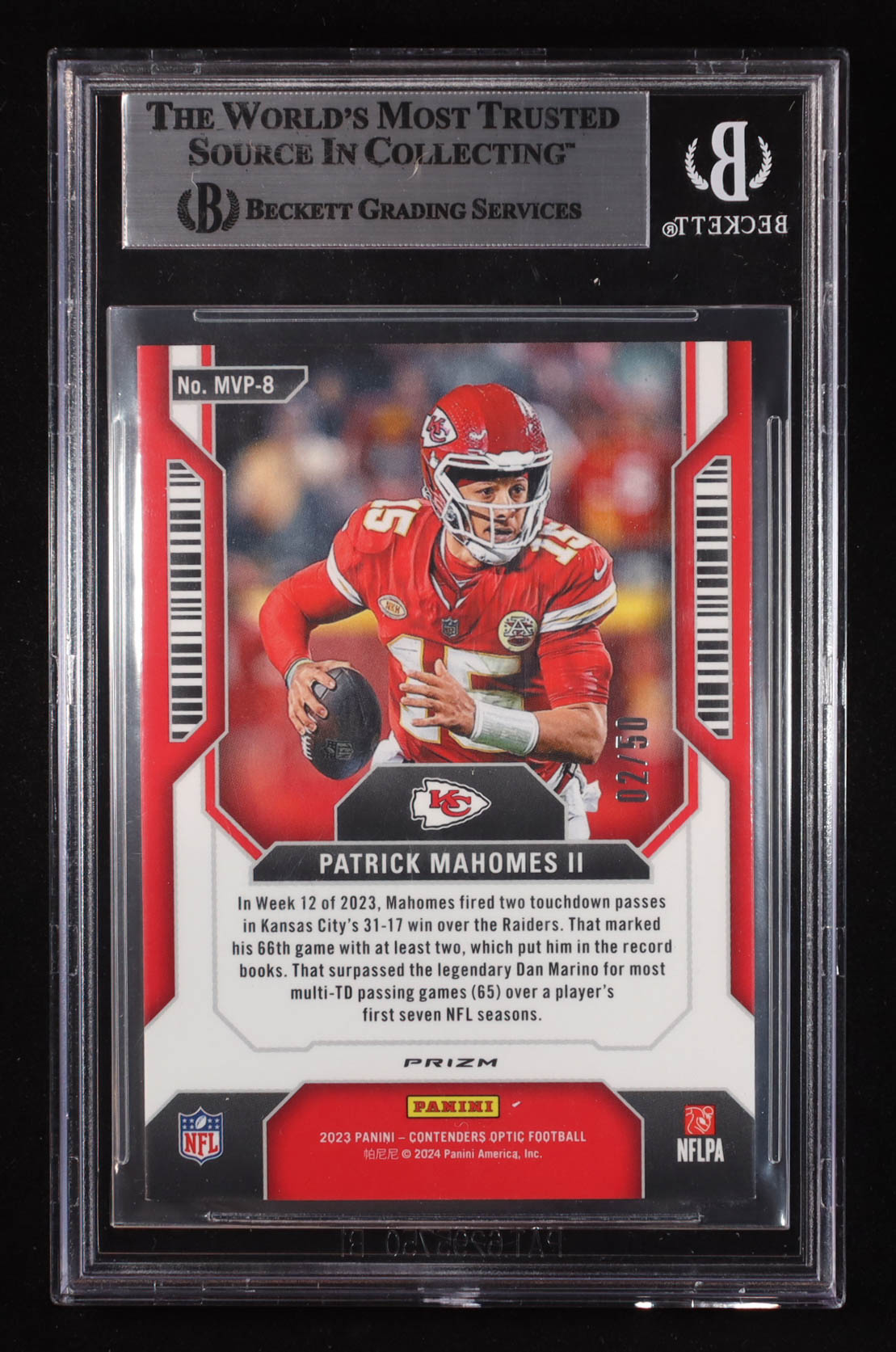 Patrick Mahomes II 2023 Panini Contenders Optic MVP Contenders Orange #8 #02/50 (Beckett 8.5) at PristineAuction.com Patrick Mahomes II 2023 Panini Contenders Optic MVP Contenders Orange #8 #02/50 (Beckett 8.5) at PristineAuction.com