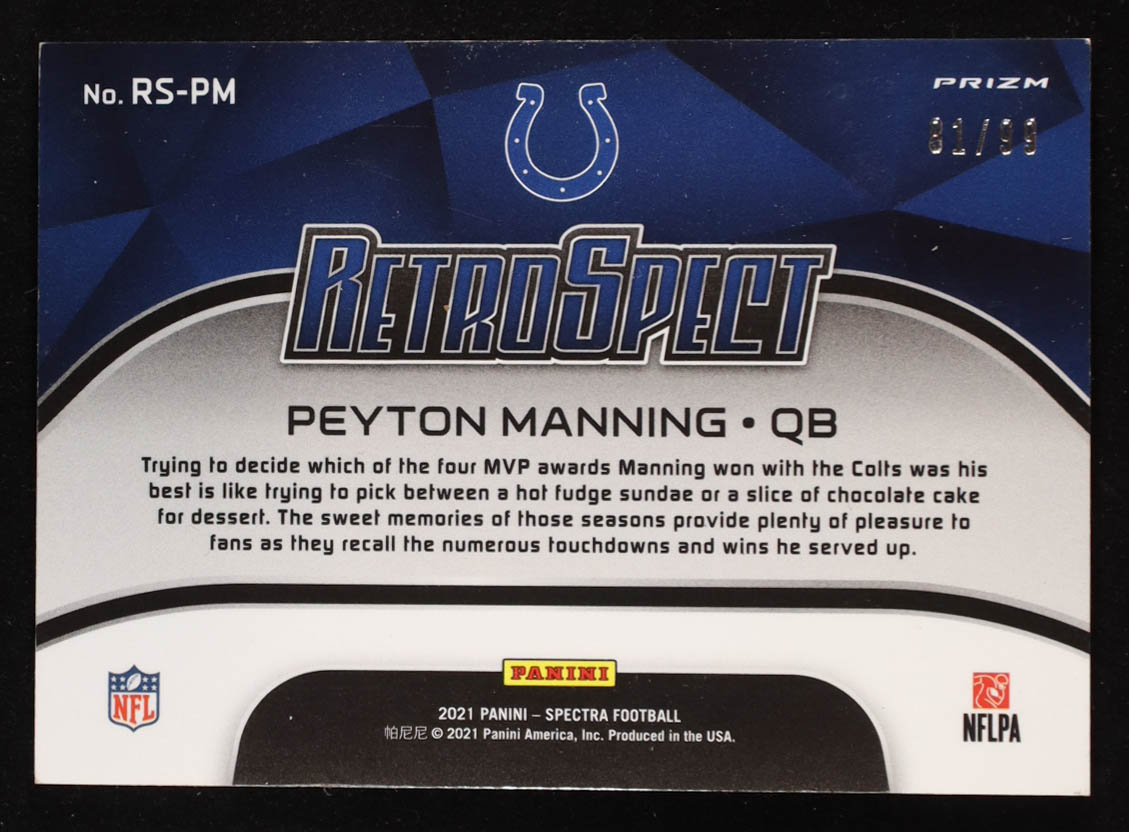 Peyton Manning 2021 Panini Spectra RetroSpect Celestial #7 #81/99 at PristineAuction.com Peyton Manning 2021 Panini Spectra RetroSpect Celestial #7 #81/99 at PristineAuction.com