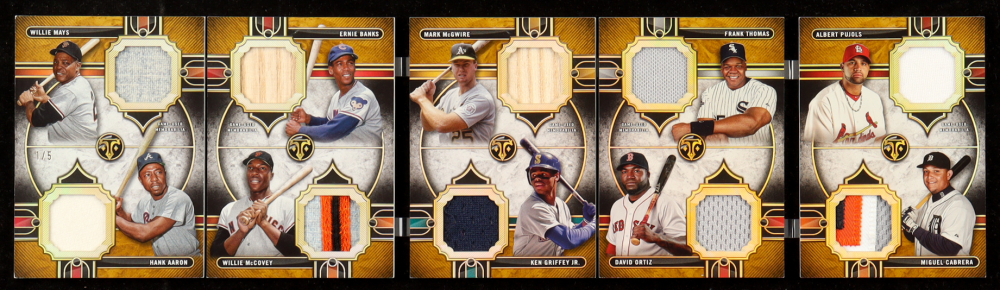 Willie McCovey / Hank Aaron / Mark McGwire / Willie Mays / Frank Thomas / Miguel Cabrera / David Ortiz / Ken Griffey Jr. / Ernie Banks / Albert Pujols 2024 Topps Triple Threads Deca Combo Relics Gold #DRC2 #1/5
