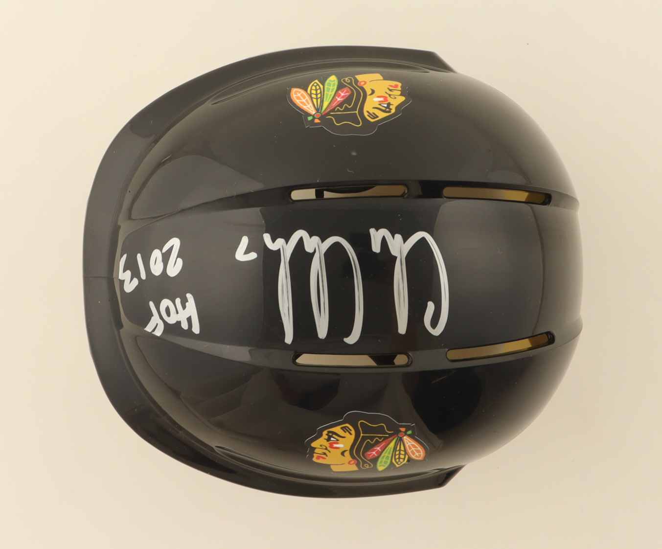 Chris Chelios Signed Blackhawks Mini Helmet Inscribed "HOF 2013" (Schwartz) at PristineAuction.com Chris Chelios Signed Blackhawks Mini Helmet Inscribed "HOF 2013" (Schwartz) at PristineAuction.com