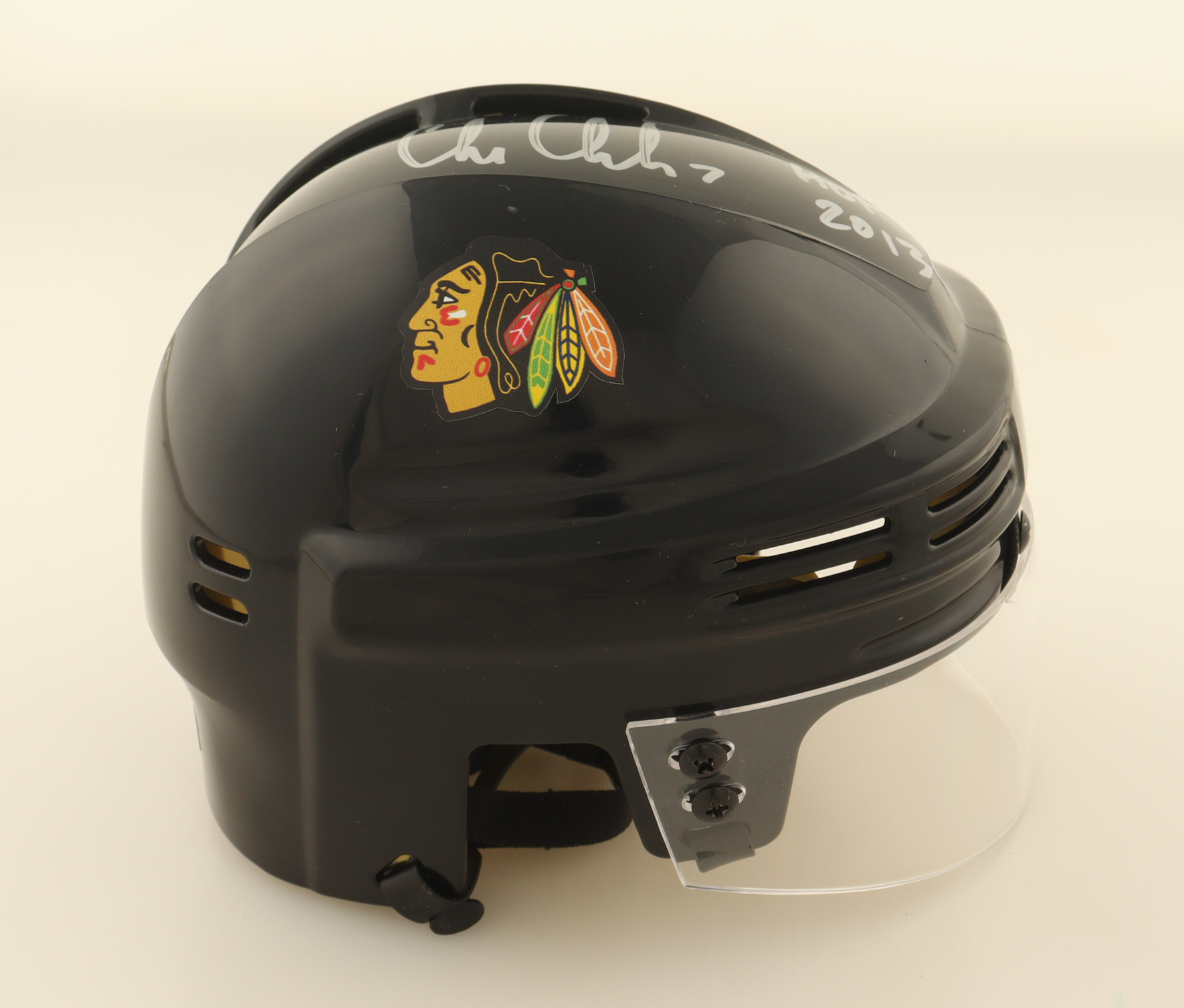 Chris Chelios Signed Blackhawks Mini Helmet Inscribed "HOF 2013" (Schwartz) at PristineAuction.com Chris Chelios Signed Blackhawks Mini Helmet Inscribed "HOF 2013" (Schwartz) at PristineAuction.com