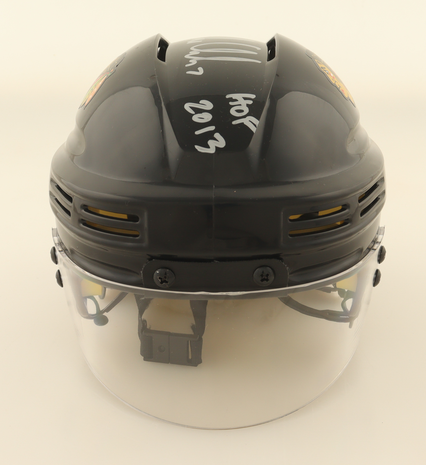 Chris Chelios Signed Blackhawks Mini Helmet Inscribed "HOF 2013" (Schwartz) at PristineAuction.com Chris Chelios Signed Blackhawks Mini Helmet Inscribed "HOF 2013" (Schwartz) at PristineAuction.com