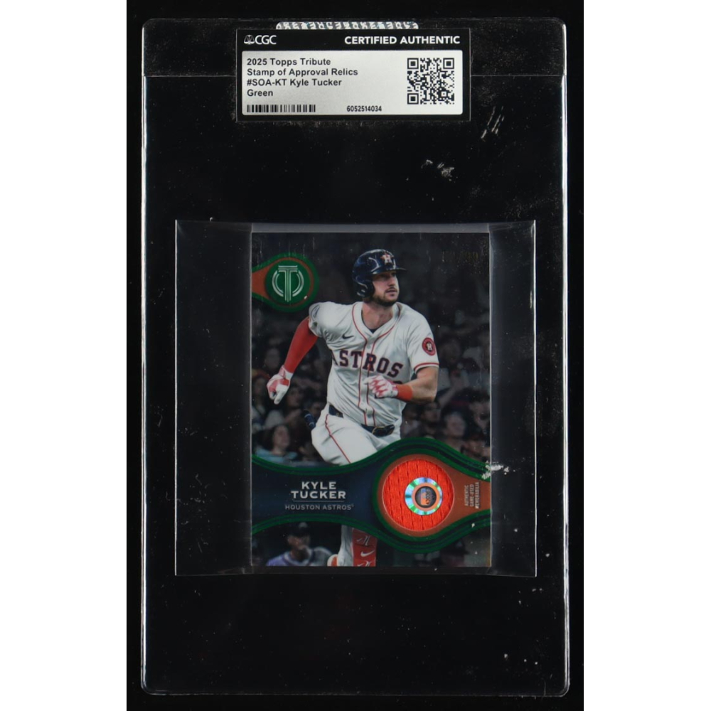 Kyle Tucker 2025 Topps Tribute Stamp of Approval Relics Green #SOAKT #53/199 (CGC) at PristineAuction.com Kyle Tucker 2025 Topps Tribute Stamp of Approval Relics Green #SOAKT #53/199 (CGC) at PristineAuction.com